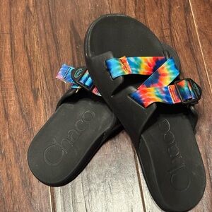Chaco Black Slides with Rainbow Tie-Dye Straps - Men’s 9 but can be unisex